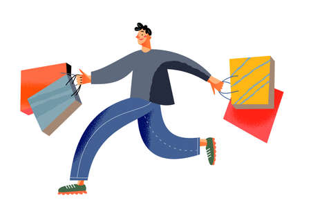 People run to black friday sales, funny young man shopper running to buy gift for holidayのイラスト素材