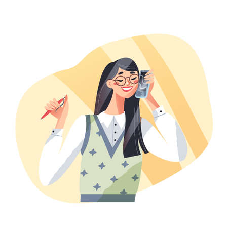 Girl student or business lady calling on mobile phone, happy communication vector illustration. Cartoon young woman character in glasses holding cellphone to answer incoming call isolated on whiteのイラスト素材