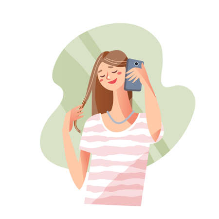 Cute girl calling on mobile phone and smiling, teen student speaking, holding smartphoneのイラスト素材