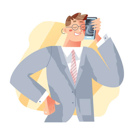 Businessman calling on mobile phone, office worker in suit standing, holding cellphoneのイラスト素材