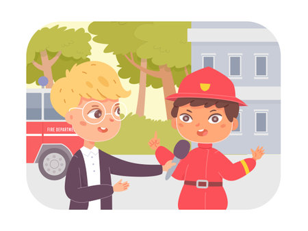 Journalist interview with kid fireman, boy child news reporter interviewing firefighterのイラスト素材