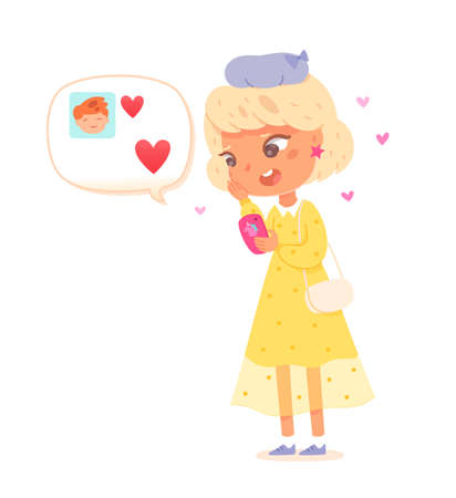 Love match bubble with hearts in chat app and kid, happy girl boy flirt on online dateのイラスト素材