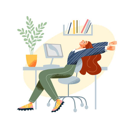Businesswoman training, doing yoga exercise in office vector illustration. Cartoon young woman character stretching body in yoga asana to avoid back ache from working while sitting isolated on white.のイラスト素材