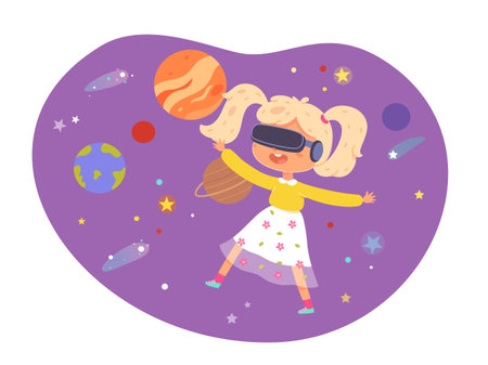 Child in vr glasses, flying in virtual space to see universe, game education technology,のイラスト素材