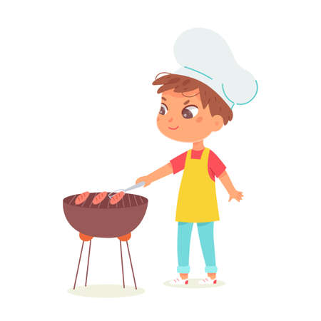 Kid cooking grilled sausages on picnic party, boy wearing chef apron grilling barbecueのイラスト素材