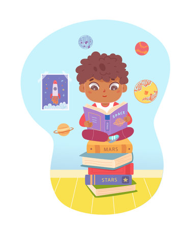 Kid reading open story book about space travel, little boy sitting on pile of fantastic booksのイラスト素材