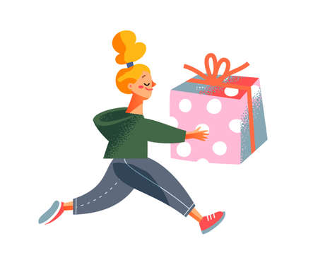 Girl running with gift, shopping hurry on black friday, holding present gift with bowのイラスト素材