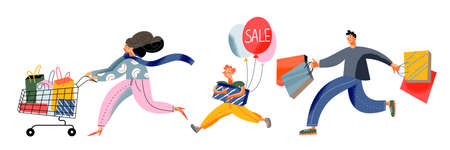 Family people run with bags, supermarket trolley, balloons for shopping on black fridayのイラスト素材