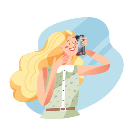 Mobile phone call and happy girl, young student with blonde hair calling on telephoneのイラスト素材