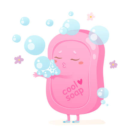 Cute soap character, pink emoji with kawaii face holding soft bubbles in bathroomのイラスト素材