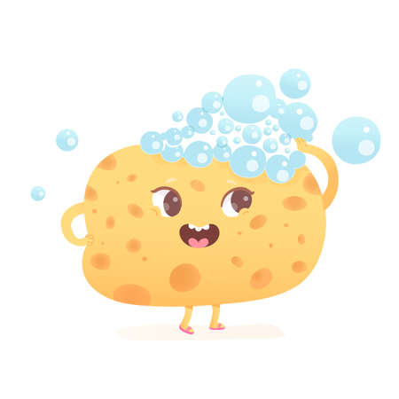 Cute yellow sponge character, kawaii washcloth emoji with soap bubbles for cleaning skinのイラスト素材