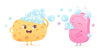 Cute sponge and soap characters for hygiene in bathroom and cleaning body, yellow loofahのイラスト素材