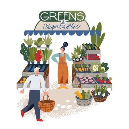 Small grocery shop in local food market with greengrocer, customer with basket buyingのイラスト素材