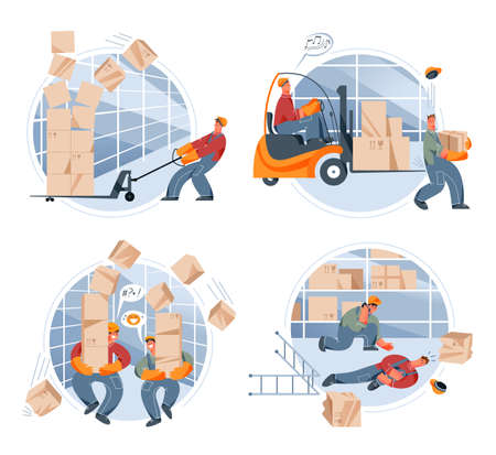 Warehouse accidents set, workers with falling cardboard boxes, collision with machineryのイラスト素材