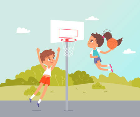Sport summer camp, children play basketball fun game, jump high to throw ball into basketのイラスト素材