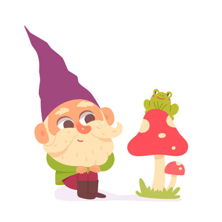 Cute dwarf character, small funny garden gnome sitting near autumn mushroom with frogのイラスト素材