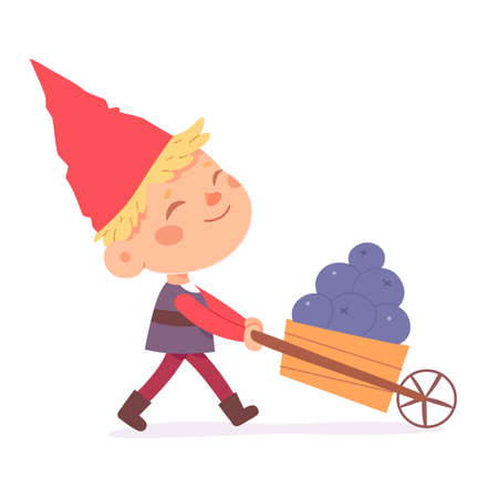 Garden gnome carrying wheelbarrow full of berry fruits, cute boy dwarf with harvestのイラスト素材