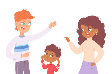 Angry people shout and quarrel during family conflict, sad boy covering ears with handsのイラスト素材