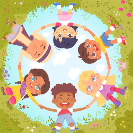 Diversity group of happy school friends holding hands, smiling children dance in circleのイラスト素材