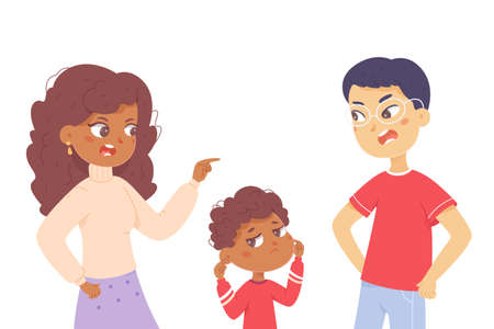 Angry people shout and quarrel during family conflict, sad boy covering ears with handsのイラスト素材