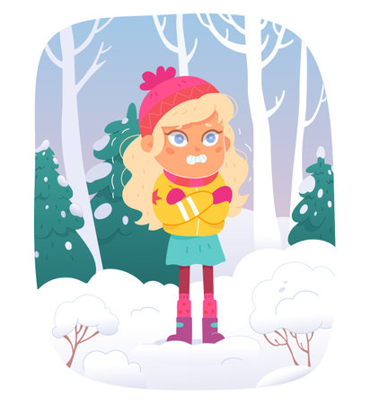Child shivering in cold weather, kid standing in winter frozen forest landscape with snowのイラスト素材