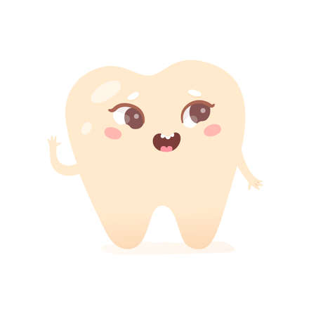 Cute tooth character, funny kawaii teeth emoji, dental care, treatment for healthy mouthのイラスト素材