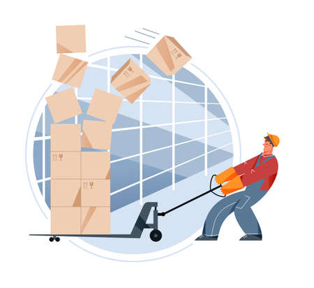 Accident in factory or warehouse, worker in helmet pushing cart with stack of boxesのイラスト素材
