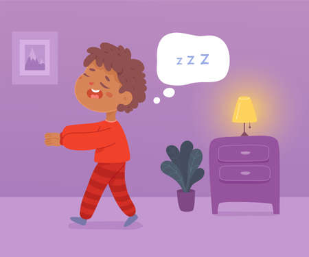 Funny boy somnambulist sleepwalking at night, little child sleeping, lunatic kid walkingのイラスト素材