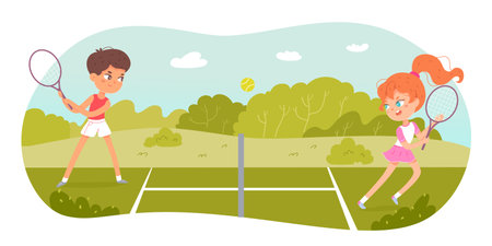 Tennis sport summer camp, academy or course, junior girl and boy training with racketsのイラスト素材