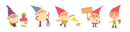 Cute garden gnomes set of small fairytale figurines standing with watering pot and shovelのイラスト素材