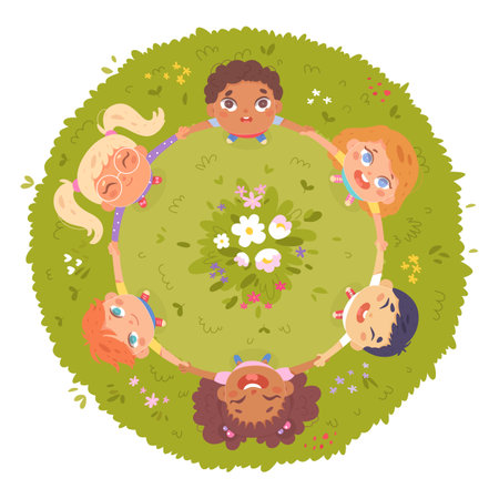 Union of of happy school friends dance and play in circle on green grass summer meadowのイラスト素材