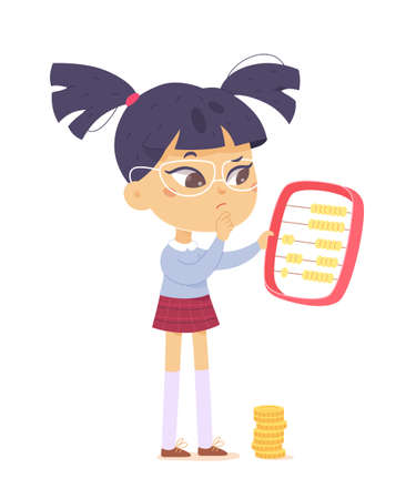 Busy kid counting gold coins, cute girl holding abacus to count money income and savingsのイラスト素材