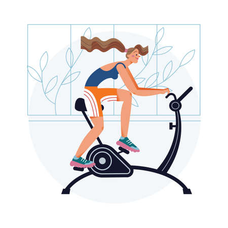 Cardio workout of girl in gym or home, sporty woman training on exercise bike indoorのイラスト素材