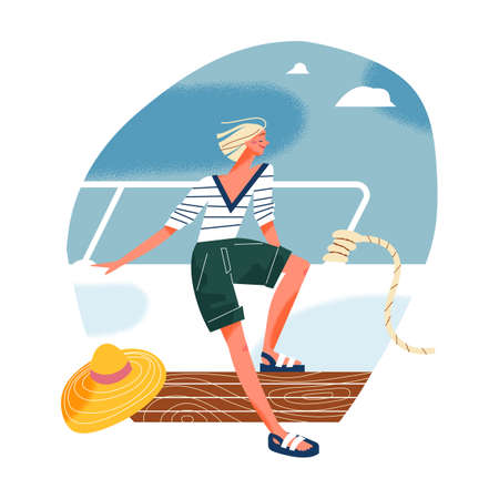 Sea cruise adventure, travel vacation of happy girl, passenger sitting on deck of yachtのイラスト素材