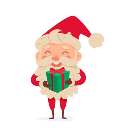 Happy Santa Claus character holding gift box, delivering present with green wrappingのイラスト素材