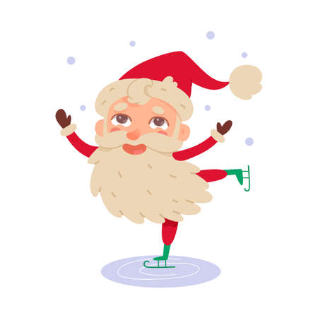 Ice skating happy Santa Claus character with beard and skates for Christmas greeting cardのイラスト素材