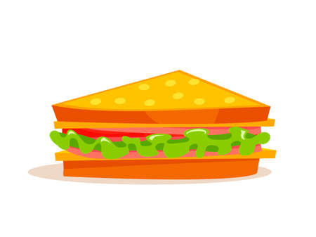 Sandwich with green lettuce leaves, sausages, tomato, cheese. Traditional ham and vegetable on toast. Fast food item isolated on white background. Vector breakfast meal.のイラスト素材