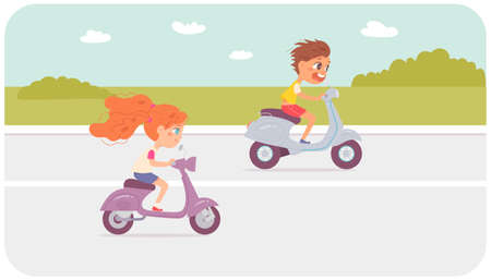 Fast races of two cute children on motorcycles on asphalt road, kids accelerate scootersのイラスト素材
