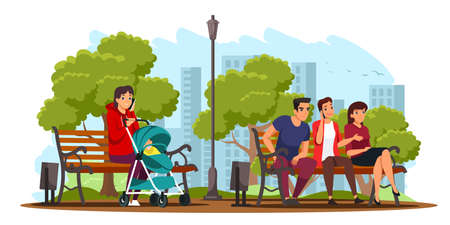 People sitting on benches in public summer city park, woman holding pram with babyのイラスト素材