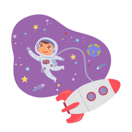 Kid astronaut flying in space near rocket among planets, stars and asteroids of galaxy vector illustration. Cartoon spaceman character traveling in universe, child studying astronomyのイラスト素材