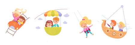 Kids play in amusement city park set, boys and girls ride ferris wheel, rollercoasterのイラスト素材