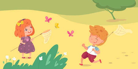 Kids catch butterfly with net, brother and sister or friends run through green meadowのイラスト素材