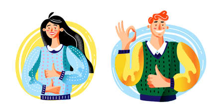 People with thumbs up and OK positive gestures set, man and woman showing approve opinionのイラスト素材