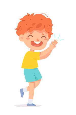 Applause action of cute red haired kid, happy boy clapping, child applauding to show admirationのイラスト素材