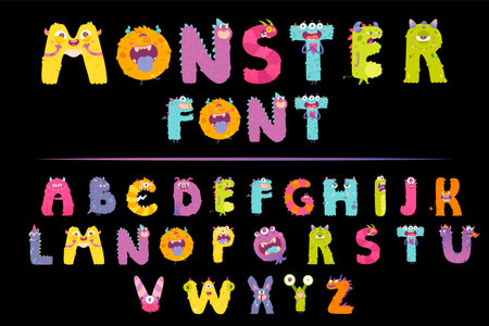 Cute monster English alphabet, spooky font and creepy numbers set with dead zombie, ghostのイラスト素材