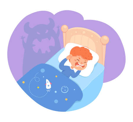 Scared kid dreaming of scary monster sleeping in bed. Childhood fears vector illustration. Small freightened boy having bad nightmare in bedroom at night. Dark shadow of monster.のイラスト素材