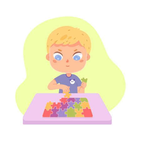 Kid with autism diagnosis, mental disorder of lonely little boy playing puzzle jigsawのイラスト素材