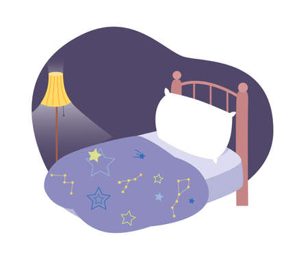 Bedroom nursery interior, light from lamp, blue bedclothes with stars on single boys bedのイラスト素材