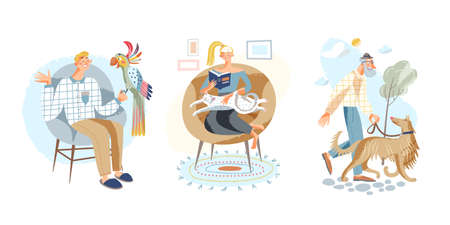 Life scenes of pet owners and animals set, girl and cat sitting in chair, man walking dogのイラスト素材