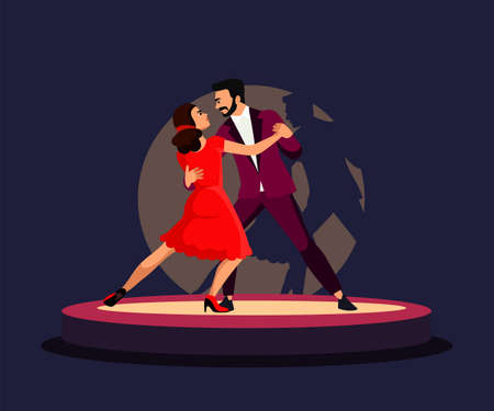 Couple dance tango on stage in spotlight, man and woman in red dress dancing togetherのイラスト素材